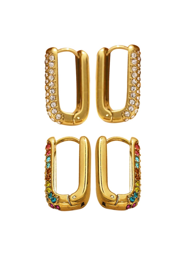 كاف كريشنس طقم من الفولاذ المقاوم للصدأ مطلي بالذهب 18 قيراط، وأقراط دائرية مربعة، وأحجار كريمة من الكريستال وقوس قزح، - Image 1