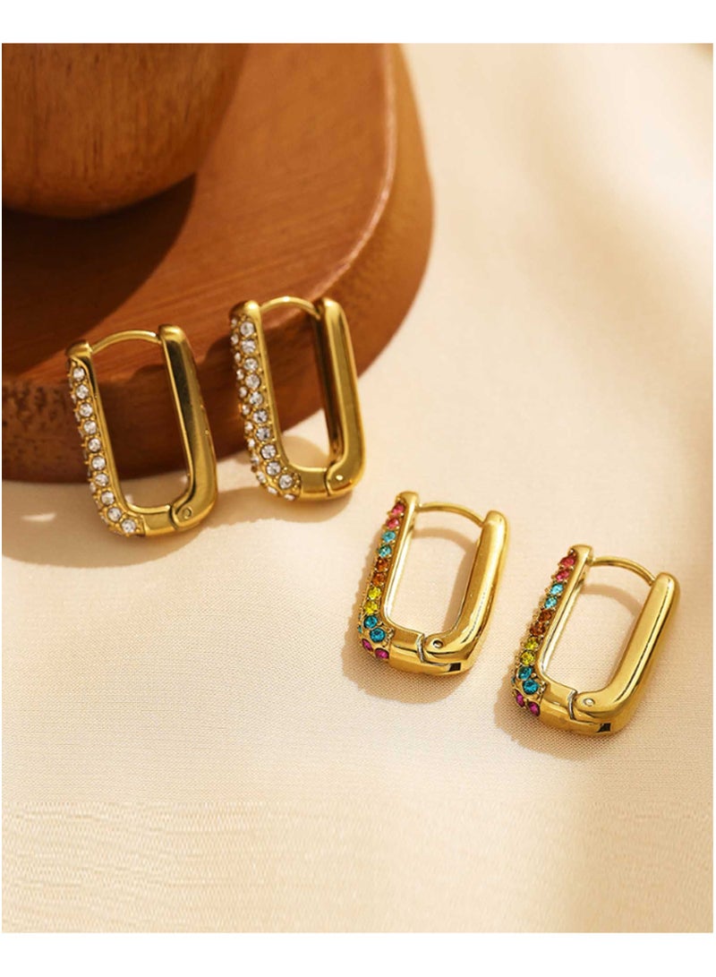 كاف كريشنس طقم من الفولاذ المقاوم للصدأ مطلي بالذهب 18 قيراط، وأقراط دائرية مربعة، وأحجار كريمة من الكريستال وقوس قزح، - Image 2