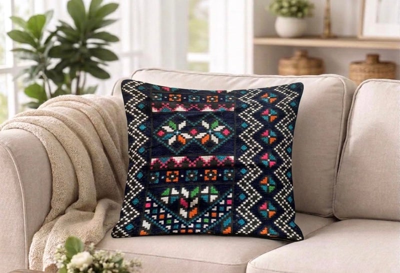Boho Kilim Woven Cushion Cover – Geometric Tribal Decorative Pillow Case – Ethnic Bohemian Sofa Throw Pillow Cover for Living Room Bedroom Decor (Navy Blue)