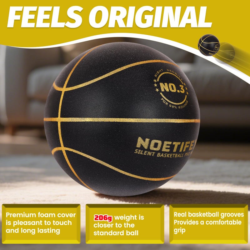 Noetifex Upgraded 580g Weighted Silent Basketball, High-Density Quiet Indoor Training Ball with Gift Box, Real Bounce Soft Material, Ideal for Home & Apartment Dribbling Practice (Black,Gold Size 3) - Image 4