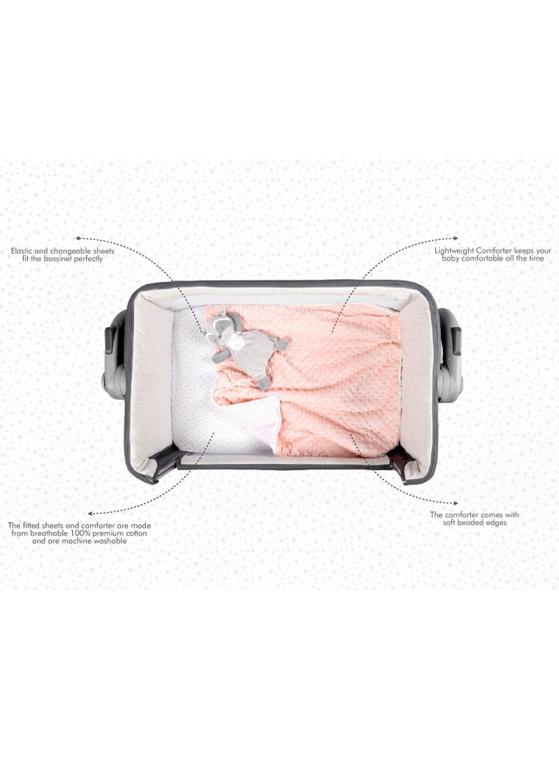 NINI - Nini Baby 3-Piece Bassinet Bedding Set, Elegant Pink, Soft Cotton, Includes 2 Fitted Sheets & 1 Reversible Plush Comforter, Fits Bassinet Size Up to 50x80 cm - Image 1