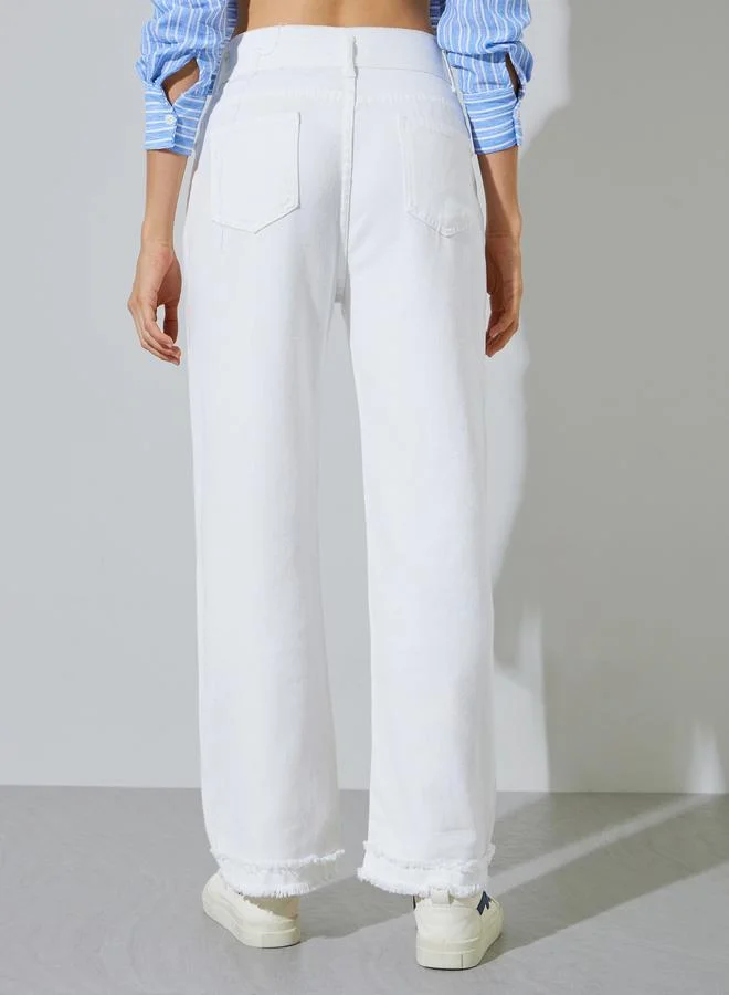Styli Off White Off White Wide Leg Jeans with Frayed Raw-Edge for Women | Best Price UAE