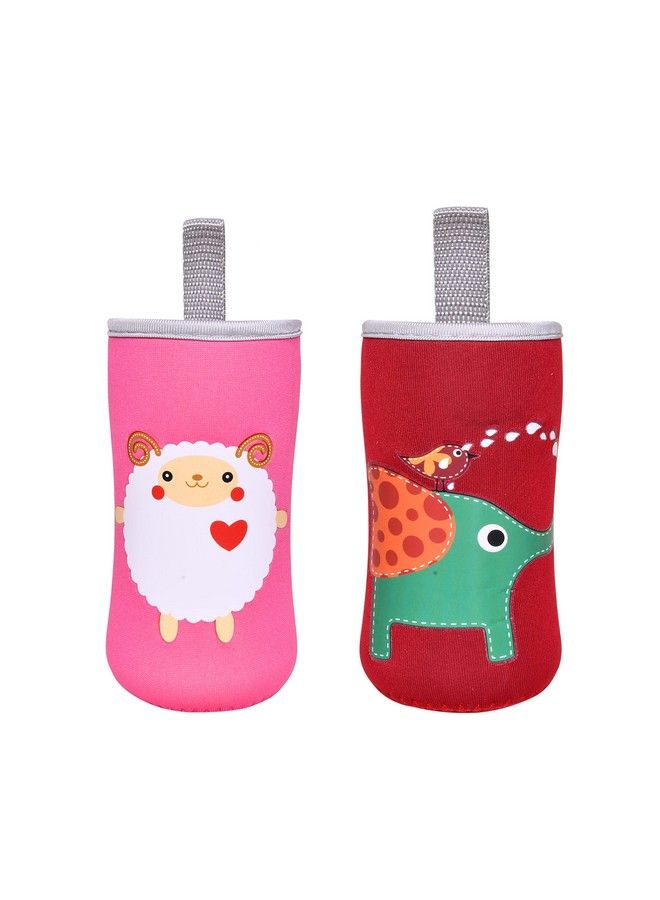 The Little Lookers Cute Animated Patterned Soft Stretchable Baby Feeding Bottle Cover With Easy To Hold Strap For 120Ml 150Ml 240Ml (Sheep & Elephant Pack Of 2)