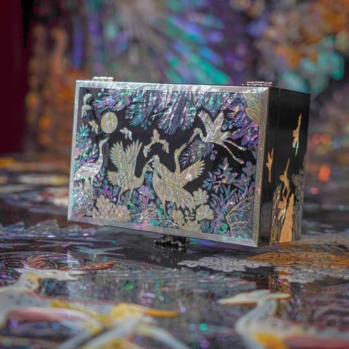 February Mountain Mother of Pearl Jewelry Box – Traditional Korean Design with Cranes and Pine Trees | Handcrafted Wooden Box, Velvet-Lined Interior for Rings, Earrings & Necklaces | Gifts for Women - Image 2