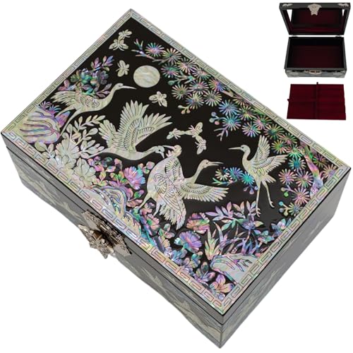 February Mountain Mother of Pearl Jewelry Box – Traditional Korean Design with Cranes and Pine Trees | Handcrafted Wooden Box, Velvet-Lined Interior for Rings, Earrings & Necklaces | Gifts for Women - Image 1