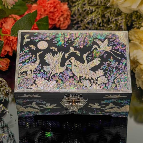February Mountain Mother of Pearl Jewelry Box – Traditional Korean Design with Cranes and Pine Trees | Handcrafted Wooden Box, Velvet-Lined Interior for Rings, Earrings & Necklaces | Gifts for Women - Image 4