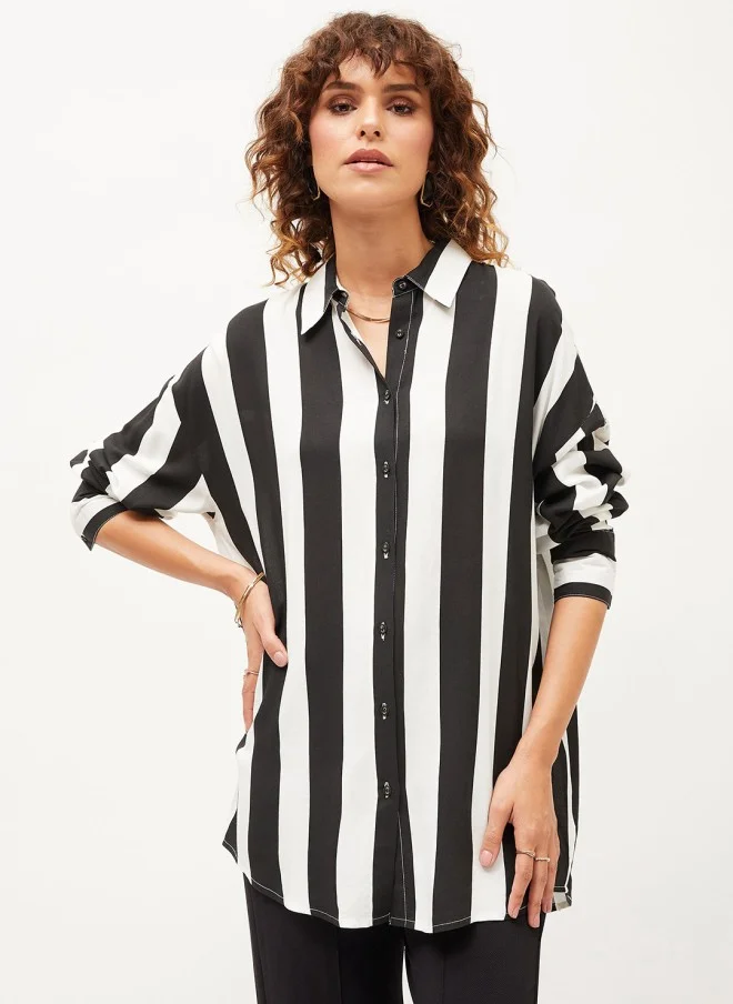 ساسافراس Oversized Black & White Striped Casual Shirt for Women