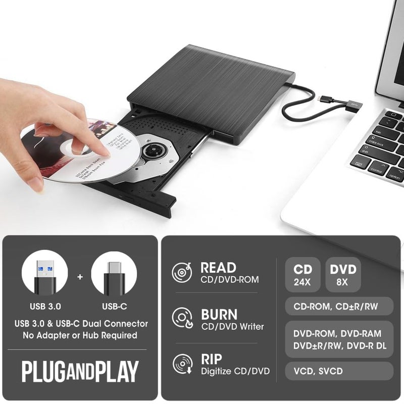 ROOFULL External CD DVD +/-RW Drive for Laptop Mac, USB 3.0 & USB-C CD DVD Disc Reader Writer Burner CD-ROM Portable DVD Player with Carrying Case for Windows 11/10 PC MacBook Pro Linux Computer - Image 2