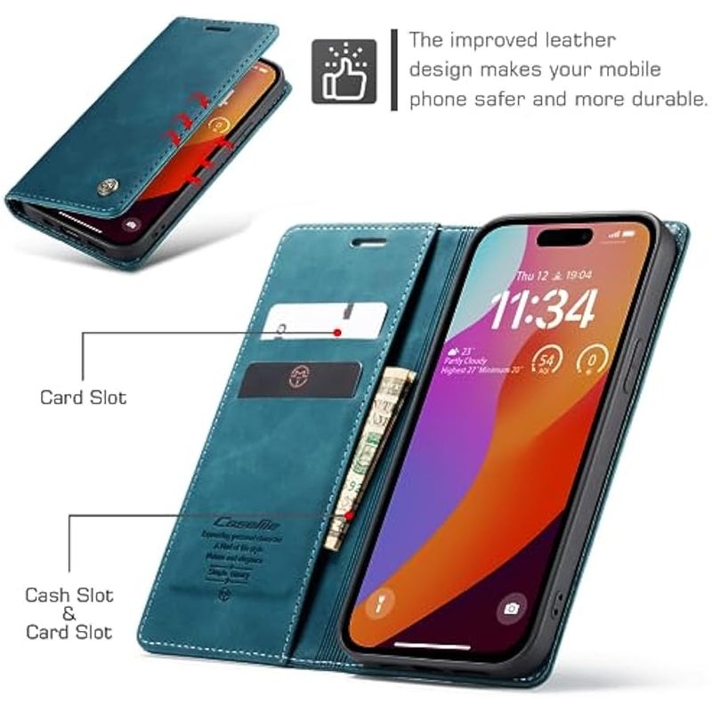 CaseMe Wallet Case for iPhone 15 Pro Max, Handmade Retro Durable Leather Magnetic Closure Flip Anti-Fall Shockproof Case with Kickstand and Card Slots for iPhone 15 Pro Max (Blue) - Image 2