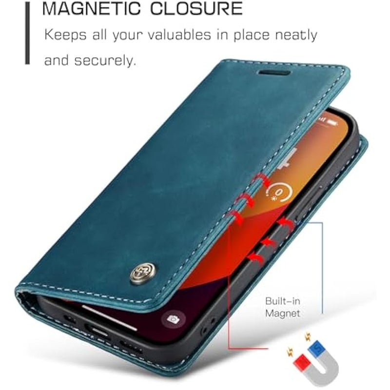 CaseMe Wallet Case for iPhone 15 Pro Max, Handmade Retro Durable Leather Magnetic Closure Flip Anti-Fall Shockproof Case with Kickstand and Card Slots for iPhone 15 Pro Max (Blue) - Image 3