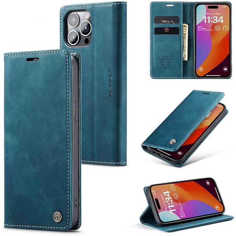 CaseMe Wallet Case for iPhone 15 Pro Max, Handmade Retro Durable Leather Magnetic Closure Flip Anti-Fall Shockproof Case with Kickstand and Card Slots for iPhone 15 Pro Max (Blue) - Image 1