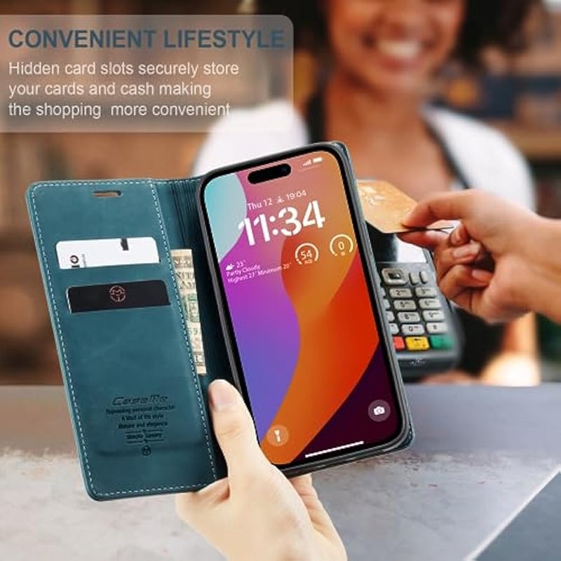 CaseMe Wallet Case for iPhone 15 Pro Max, Handmade Retro Durable Leather Magnetic Closure Flip Anti-Fall Shockproof Case with Kickstand and Card Slots for iPhone 15 Pro Max (Blue) - Image 4