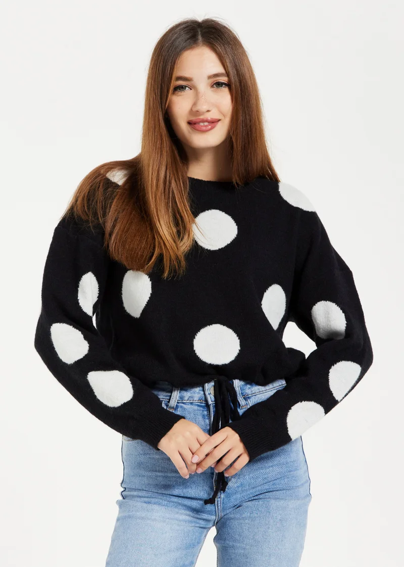 Liquorish White Polka Dot Jumper In Black