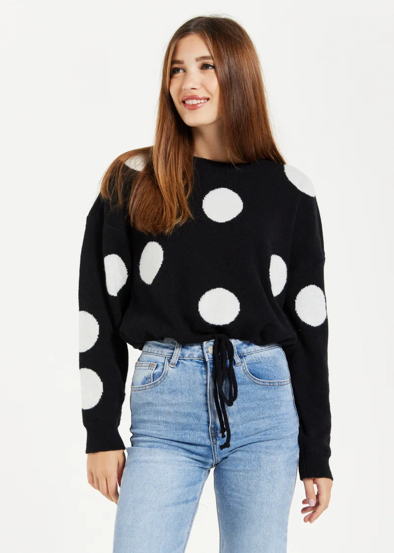 Liquorish White Polka Dot Jumper In Black