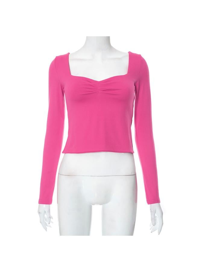 Y23tp24 European And American Women's Clothing Autumn New Solid Color Square Collar Long Sleeve Pleated Side Split Top T-shirt Women
