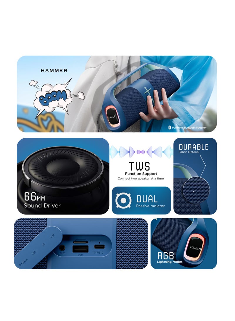 Hammer Renewed - Boom 30W Bluetooth Speaker with RGB Lights, Dual Passive Radiators, TWS Function, Type-C Charging, Multi-Connectivity (AUX/USB/TF/Bluetooth), Built-in Mic, Upto 30H Playtime, Carry Handle Blue - Image 2