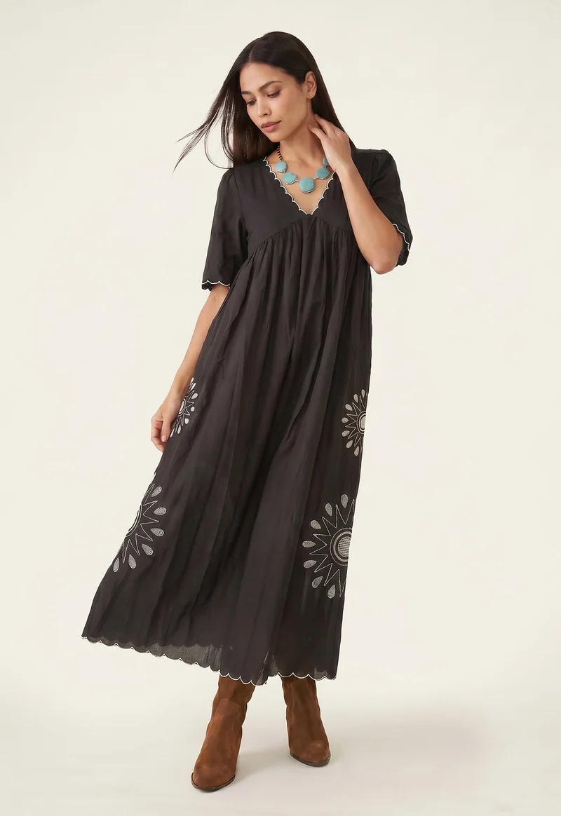 رافاي Ibiza Smock Embroidered Midi Dress In Slate Grey
