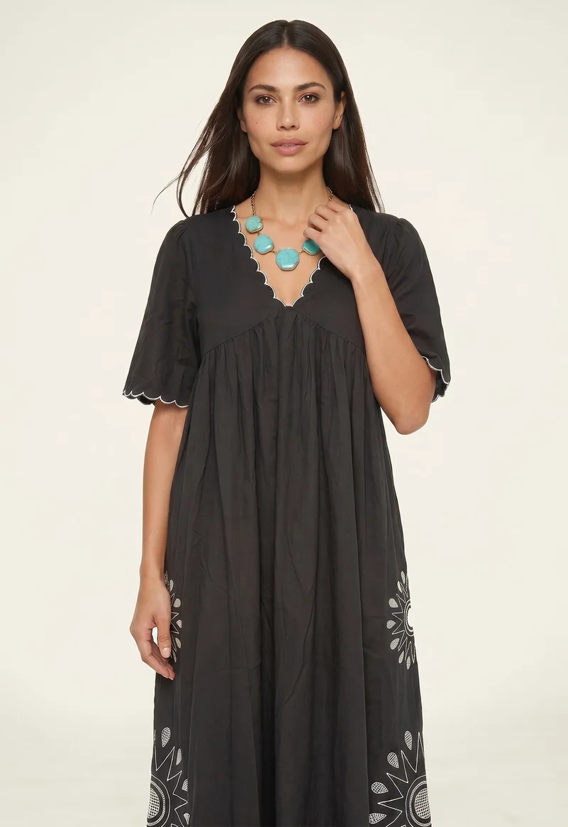 رافاي Ibiza Smock Embroidered Midi Dress In Slate Grey