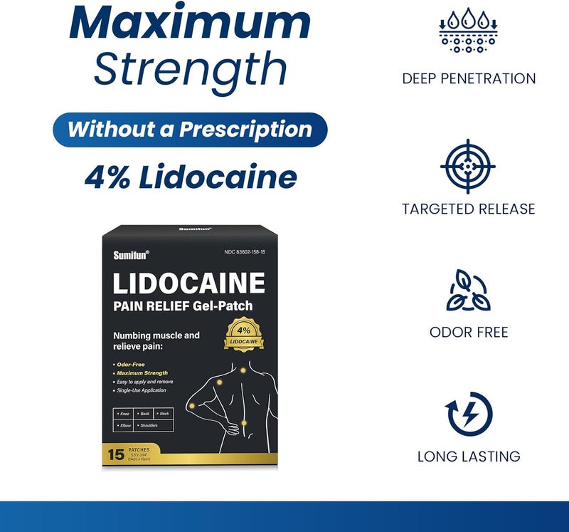 Sumifun لصقات سومي فون ليدوكائين أقصى قوة 30 عدداً لصقة تخفيف الألم لآلام الظهر وآلام العضلات والرقبة المتصلبة وآلام المفاصل مسكن موضعي عدد كبير 15 - Image 2