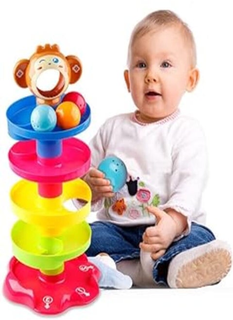 Toy Imagine RAMP ROLL, 5 Layer Ball Drop and Roll Swirling Tower for Toddler|3 Puzzle Rattle Balls Monkey Face at The Top|Non Toxic Material| Stack,Dr