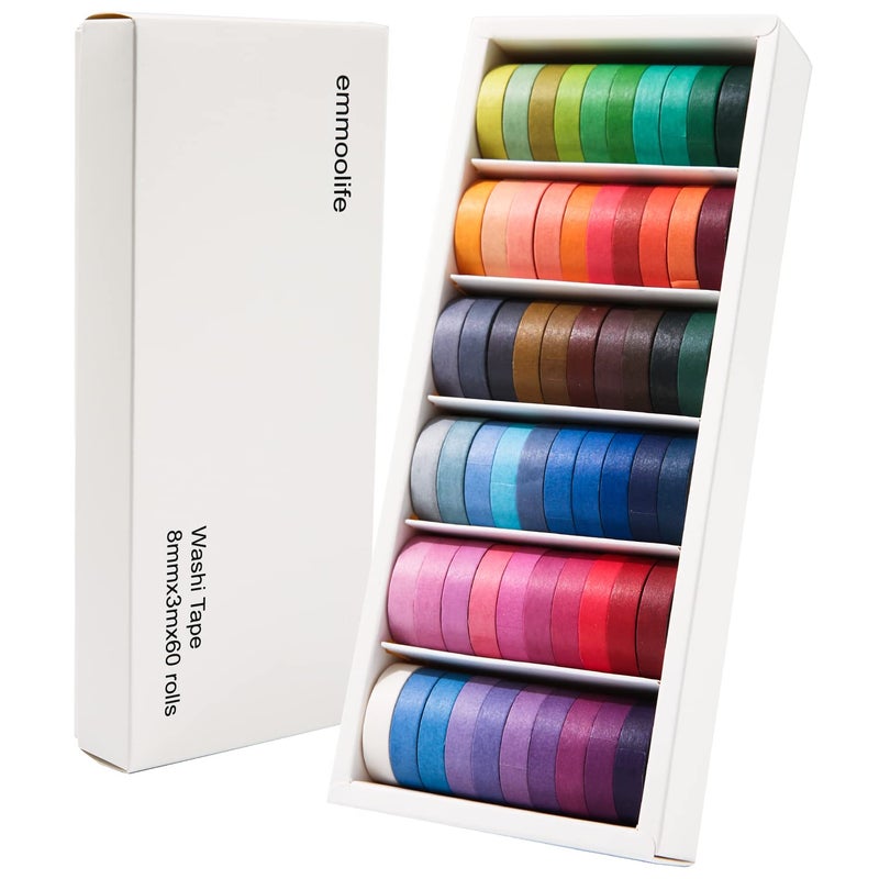 emmoolife 60 Rolls Washi Tape Sets 8mm Wide 10ft Long Basic Solid Color Rainbow Colored Decorative Thin Masking Tapes for Arts, Children Gifts, Bullet Journals, Wrapping Planner, Calendar, Scrapbooking DIY - Image 1