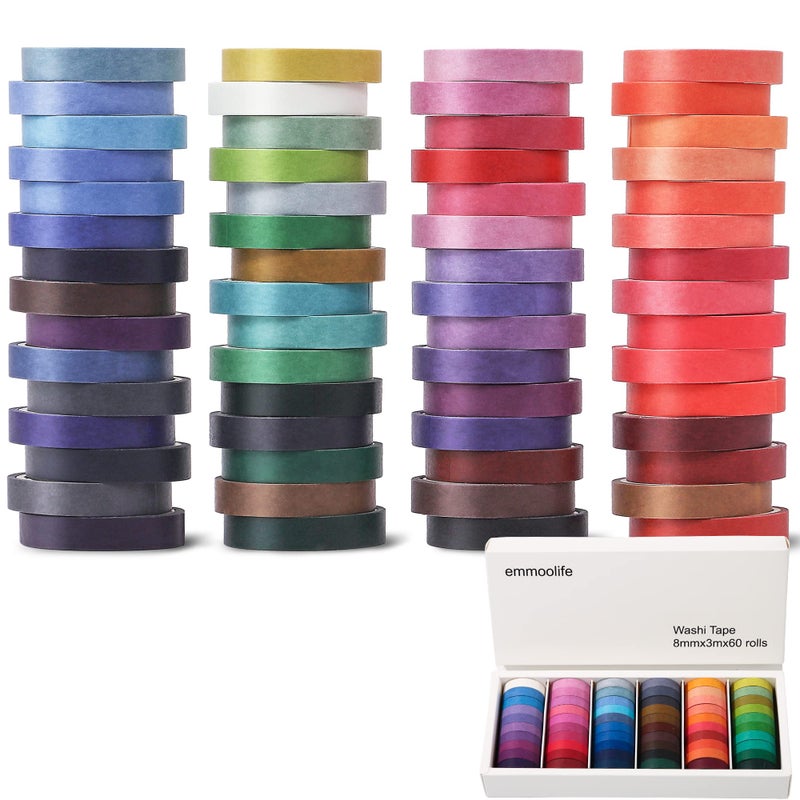 emmoolife 60 Rolls Washi Tape Sets 8mm Wide 10ft Long Basic Solid Color Rainbow Colored Decorative Thin Masking Tapes for Arts, Children Gifts, Bullet Journals, Wrapping Planner, Calendar, Scrapbooking DIY - Image 2
