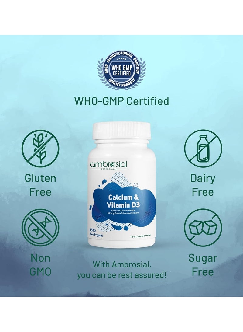Ambrosial Calcium & Vitamin D Tablets | High Potency Calcium Supplement for Bone Health, Muscles & Teeth | High Strength Calcium Tablets (Pack of 2-120 Softgels) - Image 4