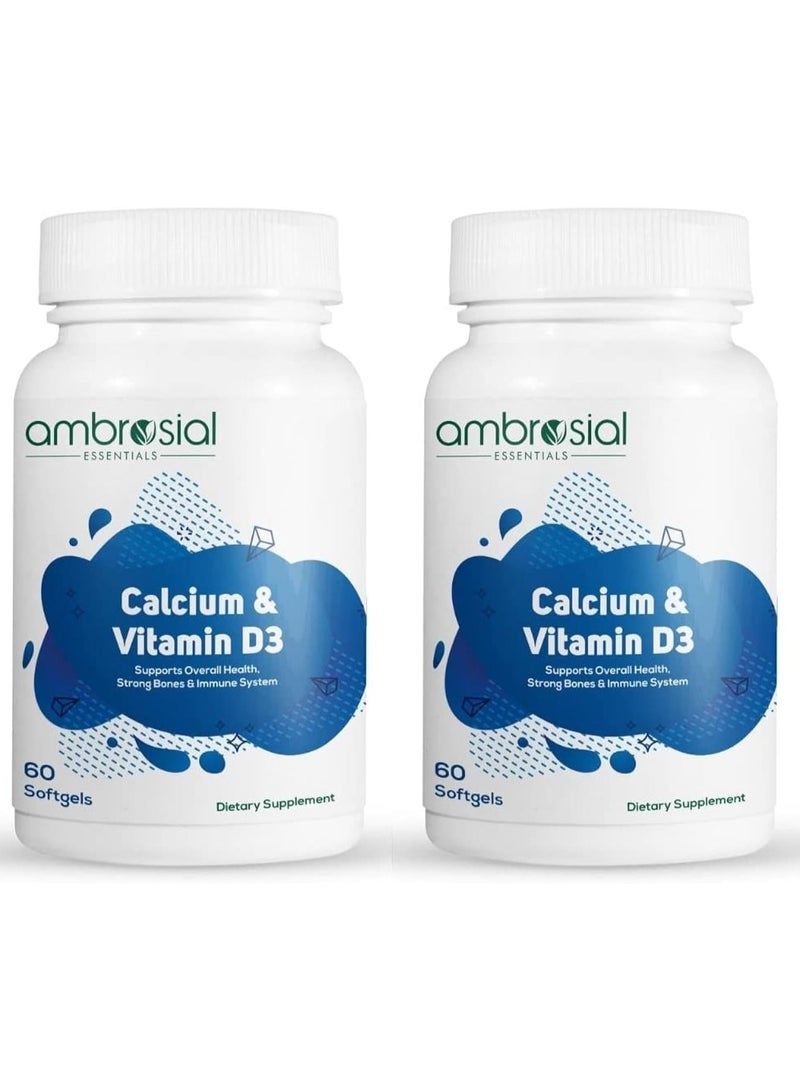 Ambrosial Calcium & Vitamin D Tablets | High Potency Calcium Supplement for Bone Health, Muscles & Teeth | High Strength Calcium Tablets (Pack of 2-120 Softgels) - Image 1