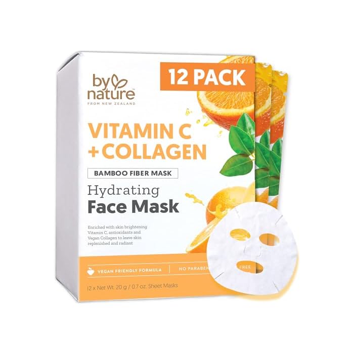 By Nature Vitamin C + Collagen Sheet Face Mask with Vitamin E – Firming, Anti-Aging Facial Treatment for Radiance, Elasticity & Hydration – Skincare for Pre-Event Glow & All Skin Types – Pack of 12