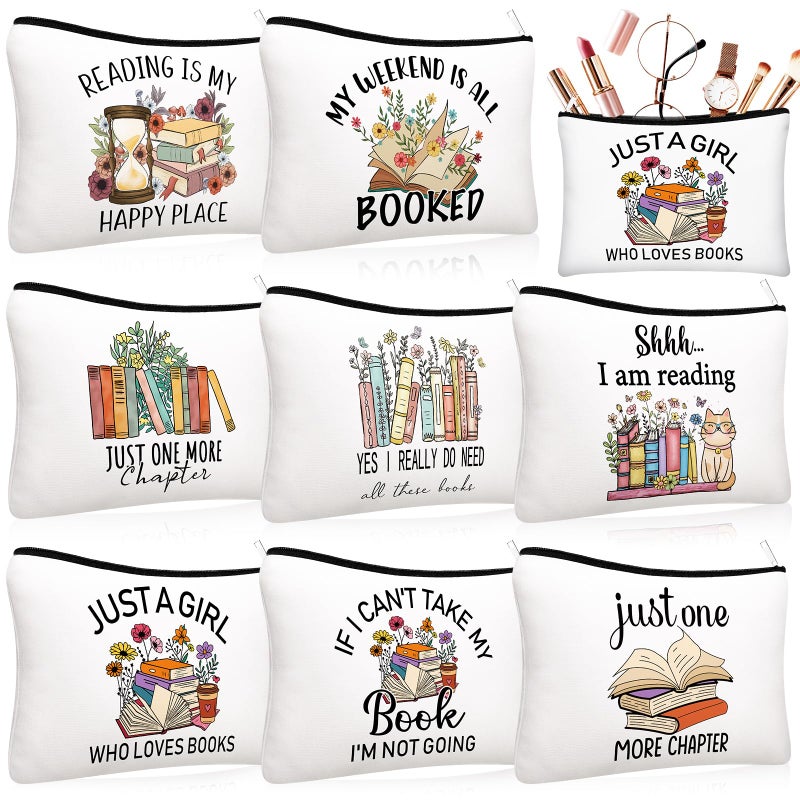 Cosblank 8 Pcs Book Club Gifts Book Lovers Makeup Bag Gifts for Women Cosmetic Bag with Zipper Pouch for Teen Adult Women Lovers Librarian Bookish Club GiftsBookFlower - Image 2