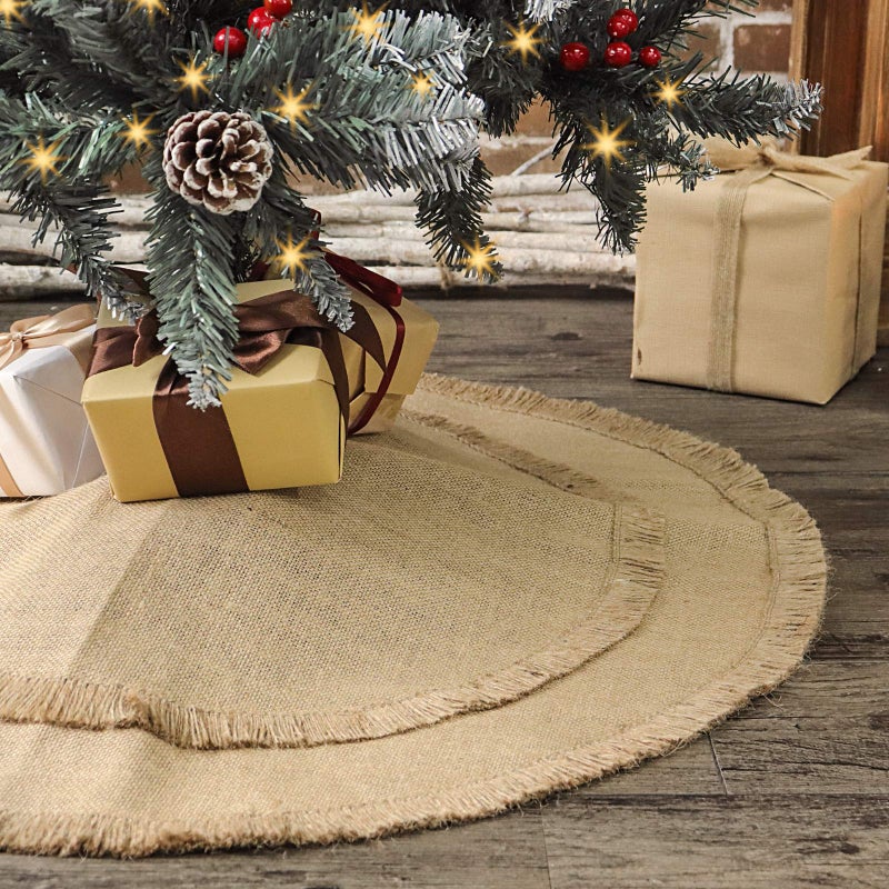 Ivenf Christmas Tree Skirt 30 inches Small Plain Burlap Tree Skirt with Tassels Natural Jute Tree Skirt for Xmas Home Decor Indoor Fall Winter Rustic Christmas Decorations for Slim Pencil Tree