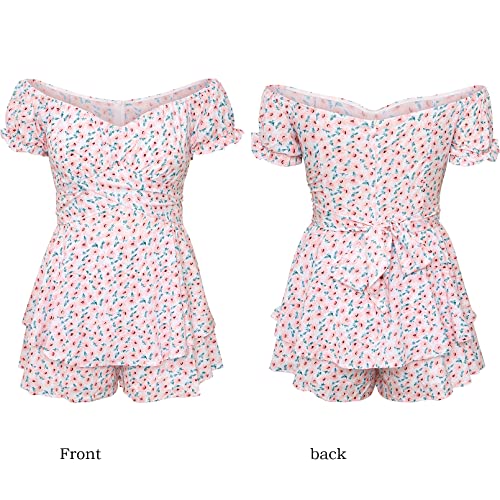 Fixmatti Womens Shorts Rompers for Summer Chiffon Boho Floral Printed Tie Back Jumpsuits Pink S - Image 5