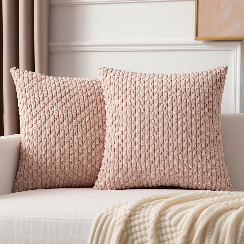 K KEVIN TEXTILE Kevin Textile Pack of 2 Corduroy Decorative Throw Pillow Covers 22x22 Inch Soft Boho Striped Pillow Covers Modern Farmhouse Home Decor for Spring Sofa Living Room Couch Bed Pink  - Image 1