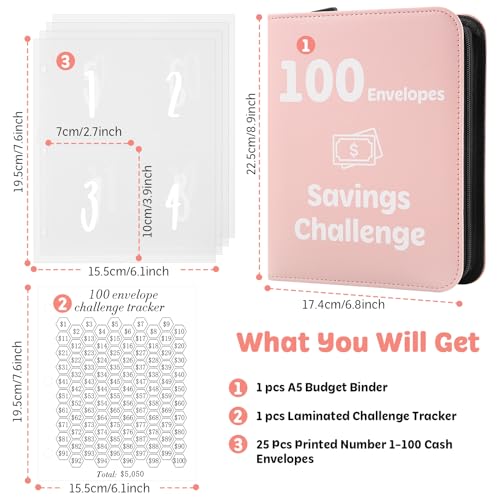 Pemocyny 100 Envelopes Money Saving Challenge Binder with Laminated Tracker, Money Saving Challenge Budget Binder with Cash Envelopes, Savings Challenge Book with Zipper to Save $5,050 (Pink) - Image 2
