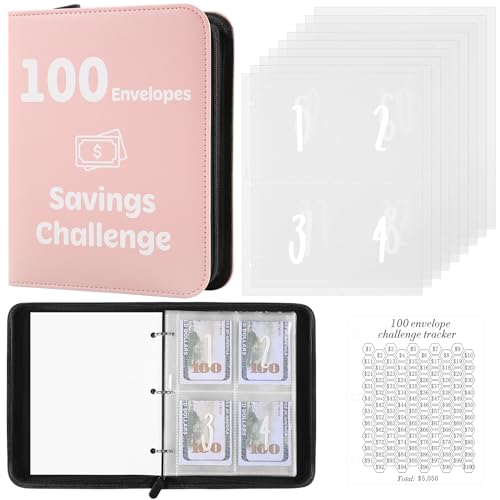 Pemocyny 100 Envelopes Money Saving Challenge Binder with Laminated Tracker, Money Saving Challenge Budget Binder with Cash Envelopes, Savings Challenge Book with Zipper to Save $5,050 (Pink) - Image 1