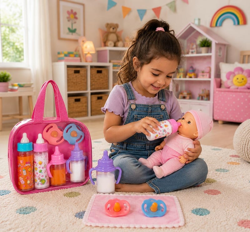 fash n kolor , My Sweet Baby Disappearing Doll Feeding Set | 4 Piece Doll Feeding Set for Toy Stroller | 2 Milk & Juice Bottles with Toy Pacifier, Age 3+ - Image 2