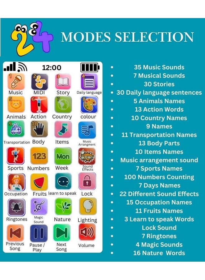Amitasha Educational Phone Toys For 2-12 Years Kids Rechargeable 24 Modes Talking Baby Smart Phone Mobile Toy For Boys Girls Christmas Gift Birthday Surprise - Image 3