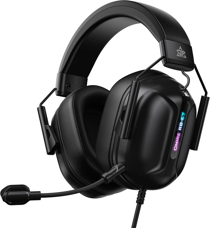 OMIRE RB-E7 RGB Wired Gaming Headphones for PC Computer Headset with Noise Canceling Microphone,50MM Dynamic Drivers, Wired Gaming Headsets for PS5, PS4, PC, Mac, Switch, Xbox Serie,3.5mm Jack, Black - Image 1