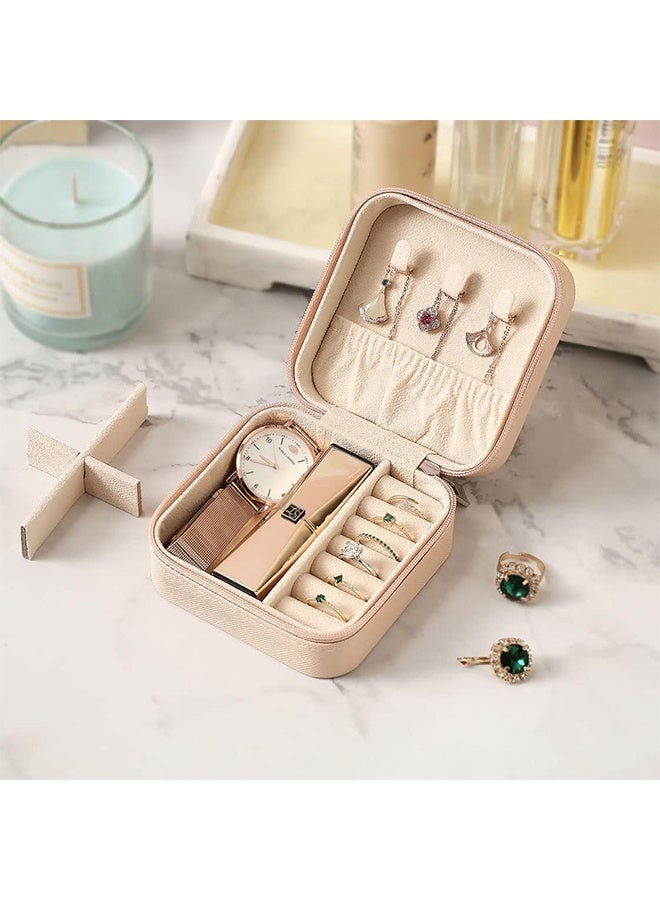 JS Travel Jewelry Organizer Box for Women, Portable Mini Jewelry Case with Zipper, PU Leather Storage Box for Rings, Earrings, Necklace, Compact Jewelry Storage Organizer for Handbag (Pink) - Image 4