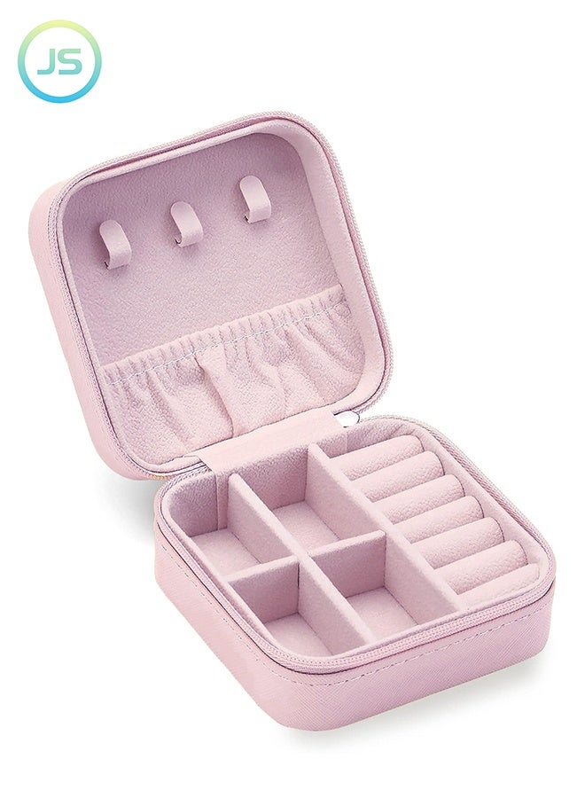 JS Travel Jewelry Organizer Box for Women, Portable Mini Jewelry Case with Zipper, PU Leather Storage Box for Rings, Earrings, Necklace, Compact Jewelry Storage Organizer for Handbag (Pink) - Image 1