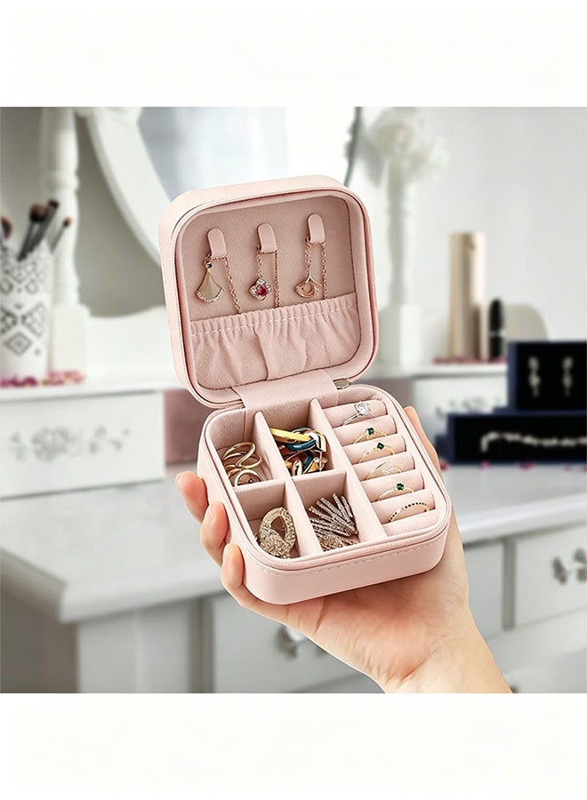 JS Travel Jewelry Organizer Box for Women, Portable Mini Jewelry Case with Zipper, PU Leather Storage Box for Rings, Earrings, Necklace, Compact Jewelry Storage Organizer for Handbag (Pink) - Image 2