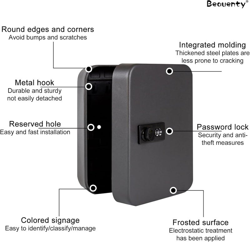 Key Lock Box, Wall Mounted Keys Storage Organizer Box with 48 Key Hooks and Tags, Metal Keys Cabinet with 3 Digit Code Lock for House, Garage, Office, Store, School (Black) - Image 3