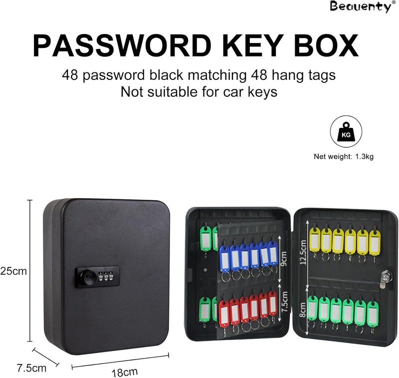 Key Lock Box, Wall Mounted Keys Storage Organizer Box with 48 Key Hooks and Tags, Metal Keys Cabinet with 3 Digit Code Lock for House, Garage, Office, Store, School (Black) - Image 2