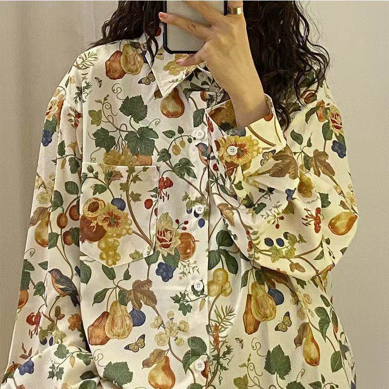 Annual meeting performance green travel photo retro Hong Kong style print long-sleeved shirt spring and autumn fashion Christmas performance shirt - Image 3