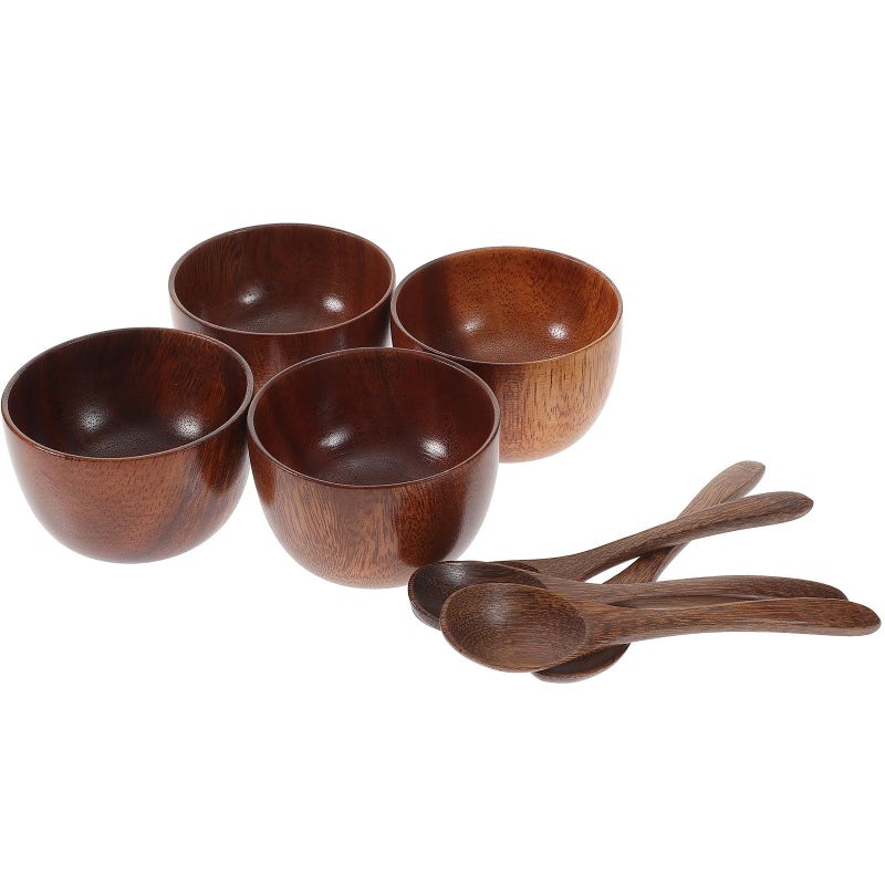 Wooden Dinner Bowl Set With Wear Resistant Spoons 8cm Bowls 12cm Spoons 8 Pieces - Image 2