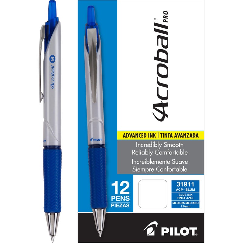 PILOT Acroball Pro Advanced Ink Refillable & Retractable Ball Point Pens, Medium Point, Blue Ink, 12-Pack (31911) - Image 1