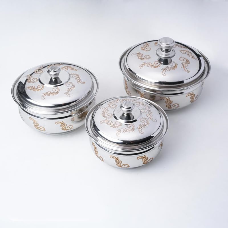 SWSHIV Stainless Steel Hot Pot Handi with Lid | 3 Pcs Handi Set | Silver Serving Dishes with Lids | Perfect for Cooking, Baking, Serving | Space Saving Storage (3 Pcs/Small/Medium/Large) - Image 1