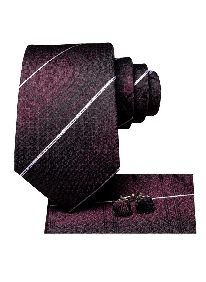 Hi-Tie - Men'S Tie Sets Silk Formal Striped Necktie And Pocket Square Cufflinks Wedding Business,Dard Red Stripe - Image 1