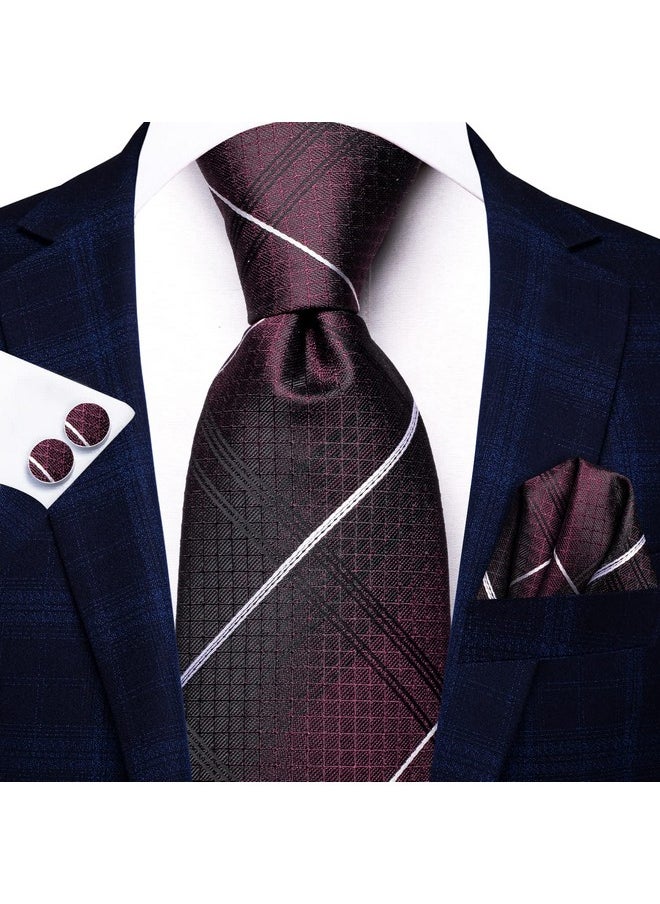 Hi-Tie - Men'S Tie Sets Silk Formal Striped Necktie And Pocket Square Cufflinks Wedding Business,Dard Red Stripe - Image 1