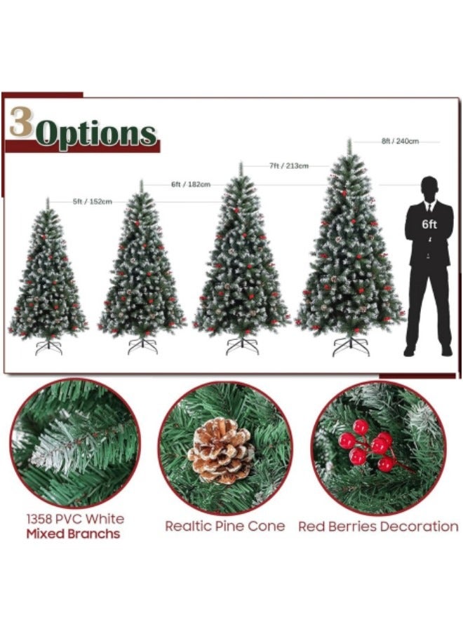 GGEROU 210cm Snowy Artificial Christmas Tree, Snow Flocked Artificial Trees with Pine Cones Berries Pre-Decorated, 1050 Frosted Branch Tip  - Image 3